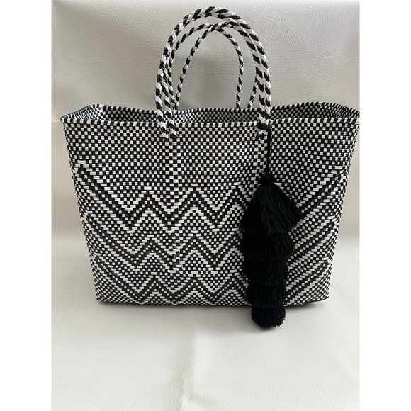 Handbags - New Mexican Woven Tote Bag 12x16 Black White Market Beach Summer Resort Tassel